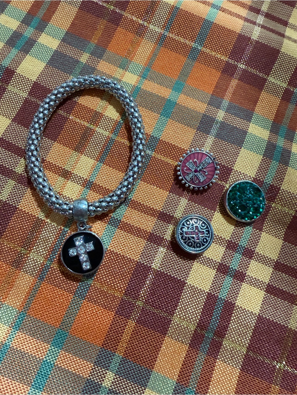 Silver-Tone Charm Bracelet with Black Cross Charm